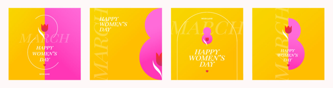 International Women's Day 8 March social media templates set. Modern yellow and pink square vector banners with tulips and typography. Abstract spring holiday collection.