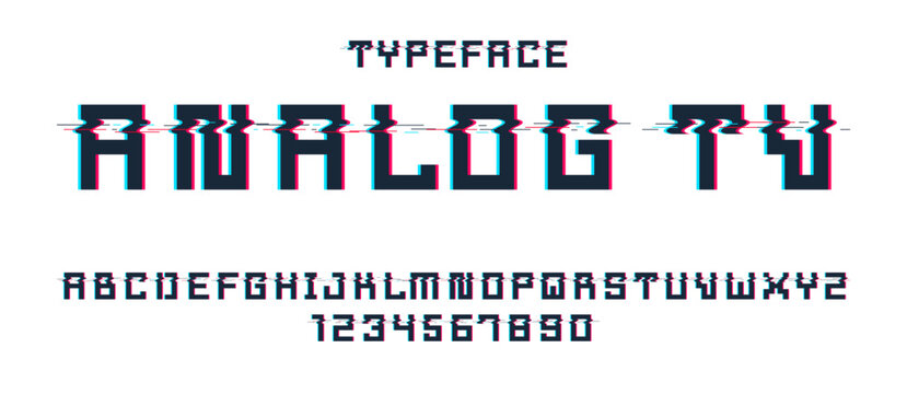 Glitch noisy geometric vector font in analog style, futuristic cyberpunk typeface with digital grunge effect, matrix typography alphabet letters and numbers.