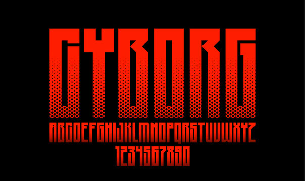 Halftone dotted futuristic cyberpunk font for logos and posters, vector brutal industrial typeface alphabet letters and numbers, urban technic future typography.