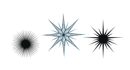 Fototapeta premium Collection of three unique stylized stars in dark blue colors featuring intricate patterns and geometric rays for astronomical or celestial designs.