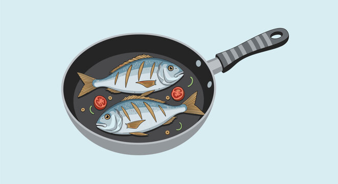 Two delicious grilled fish seasoned with herbs and cherry tomatoes cooking inside a non-stick frying pan against a light blue background.