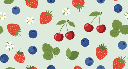 Colorful seamless fruit pattern featuring fresh strawberries, red cherries, and blueberries with green leaves on a soft mint green background.