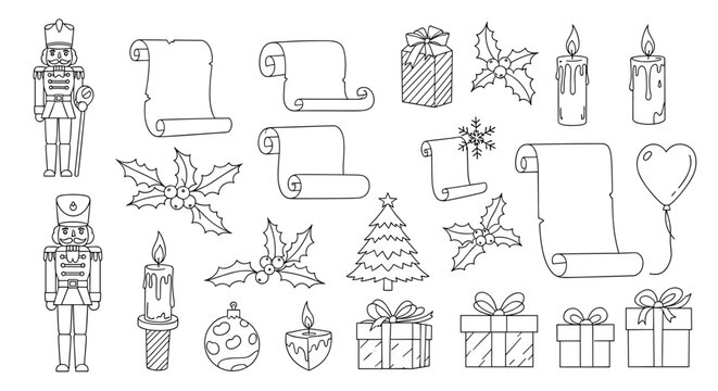 Detailed collection of Christmas line art icons including nutcrackers, candles, gifts, holly leaves, and decorative scrolls for holiday crafts.