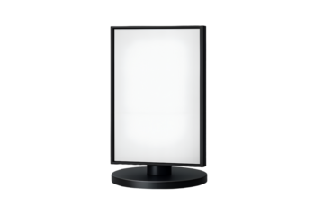 A blank white rectangular screen on a black display stand with a circular base