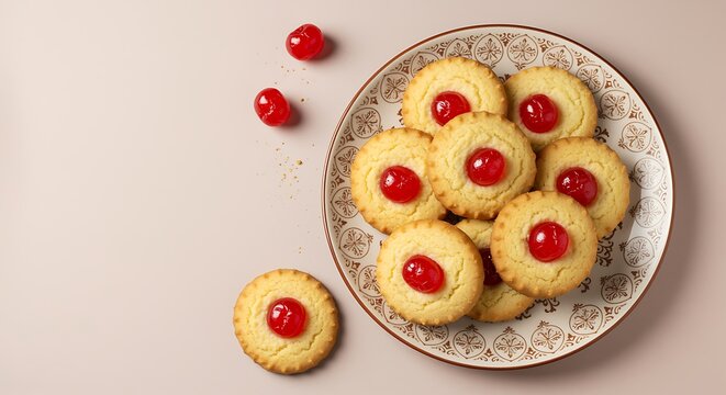 Plate of sweet cookies with cherries on top dessert