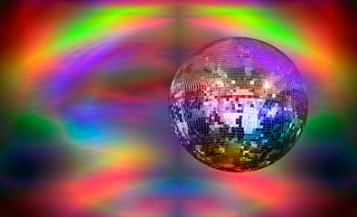 Obraz premium Party disco mirror ball reflecting orange, purple and green lights