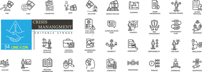 Crisis Management Line Icons Set. Risk Management, Strategy, Planning and Financial Crisis Outline Icons. Vector Illustration