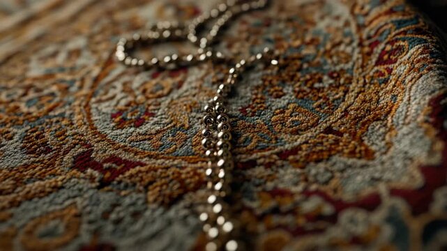 A gold necklace is laying on a rug. The necklace is made of beads and is laying on a red and blue rug