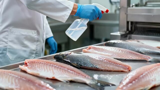 Medium shot of a worker evenly spraying a clear chitosanbased edible antimicrobial coating on fresh fish fillets enhancing shelf life with natural preservation before packaging.
