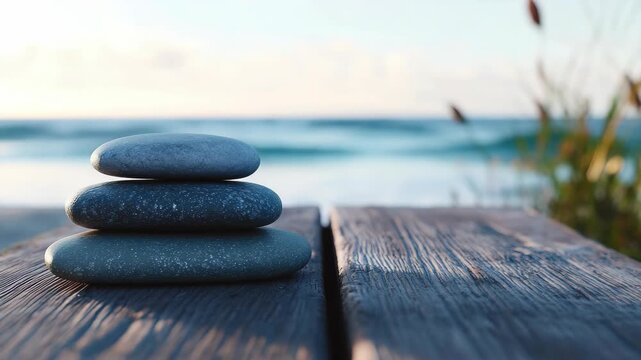 Stack of gray pebbles on a wooden table by the ocean at sunrise.