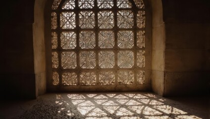 Sunlight streaming through an ornate window casting intricate shadows on the floor.