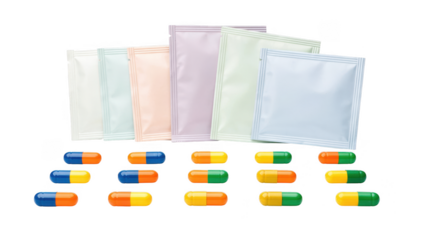 Set of colorful electrolyte capsules and oral rehydration sachets displayed neatly on white representing effective hydration and nutrient replenishment.