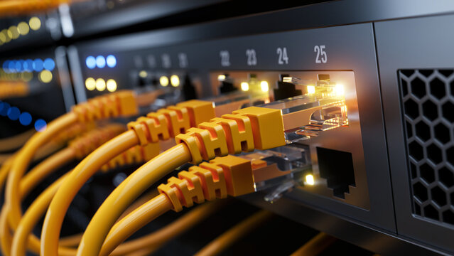 Network switch and network cables in modern server room data center