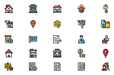 Flat icon set for web and mobile applications with vector symbols for business, travel, and media design