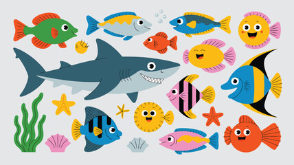 A joyful assortment of various colorful cartoon fish, a friendly shark, and marine creatures under the sea