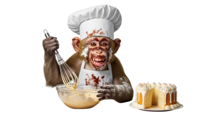 Funny Monkey Chef Baking Cake with Whisk and Bowl isolated PNG with Transparent Background