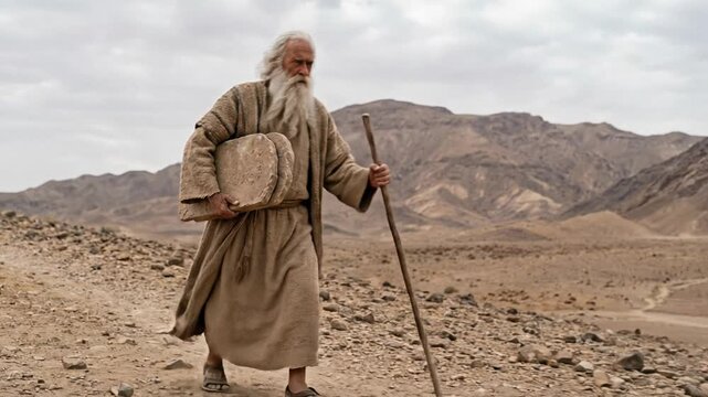 Biblical Prophet Moses Walking in Desert Holding Two Stone Tablets with Ten Commandments after Descending Mount Sinai in Old Testament History