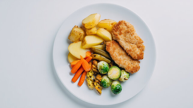 Fried Turkey Cutlets With Potatoes and Vegetables on Plate