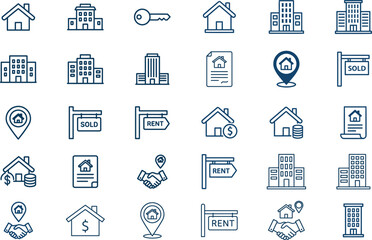 Real estate icon set featuring houses buildings sale search and property symbols for web and business design