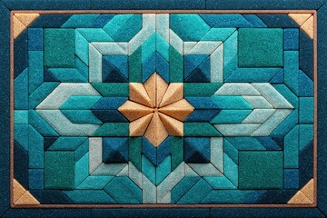 Geometric teal pattern: An ornate geometrical arrangement, with teal and gold components, designed with meticulous accuracy. The composition embodies an elegance suitable for decorative purposes.