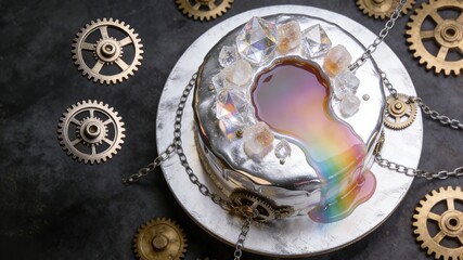 Steampunk Themed Mirror Glaze Cake with Gears and Chains