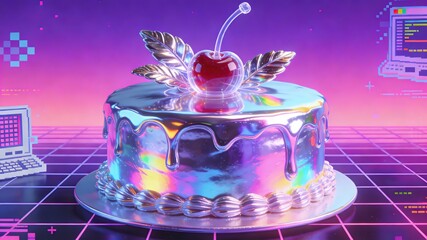 Retro Vaporwave Holographic Mirror Glaze Cake with Cherry Topper