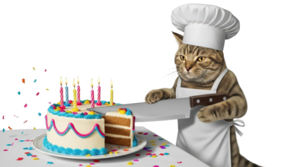 Tabby Cat Chef Cutting Birthday Cake with Candles and Confetti isolated PNG with Transparent Background