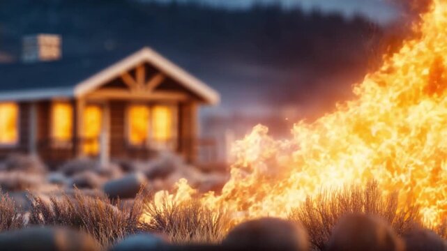Burning House: A house is engulfed in flames, the fiery blaze is creating a dramatic and destructive contrast against a calm background.