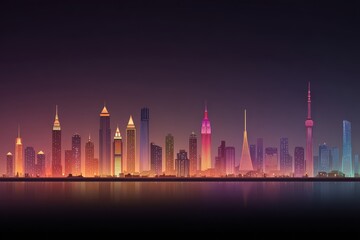 Obraz premium Stunning nighttime skyline view of iconic skyscrapers in an urban city landscape vibrant lights modern architecture