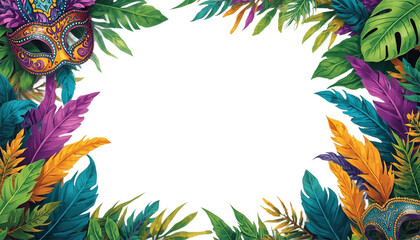 A vibrant and colorful illustration of a masquerade mask surrounded by tropical leaves on transparent background