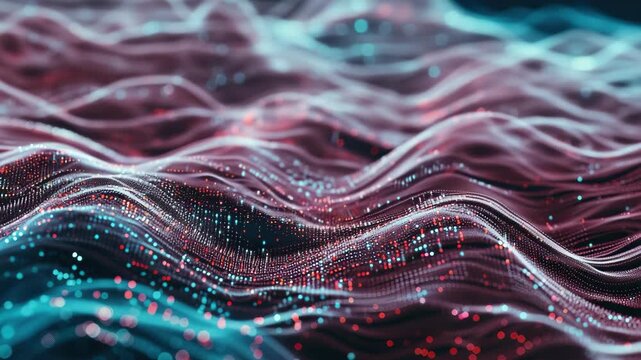 A computer-generated of a wave formed by neon lights against a digital background.
