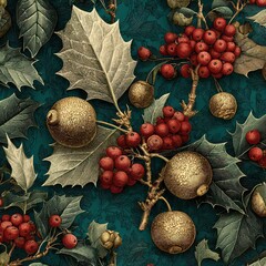 Elegant Holiday Floral Pattern with Berries and Golden Accents