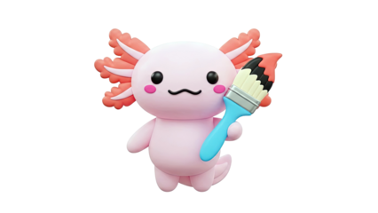 Cute 3D Pink Axolotl Holding a Paintbrush