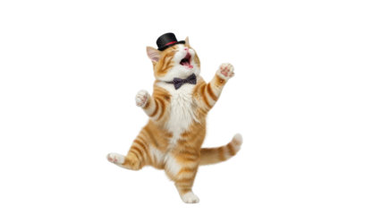 Funny Orange Tabby Cat Wearing Black Bow Tie and Top Hat Dancing isolated PNG with Transparent Background
