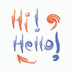 Colorful hand drawn lettering design with Hi and Hello text, modern brush typography illustration