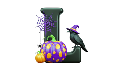 Halloween Letter L with Raven, Pumpkins, and Spiderweb