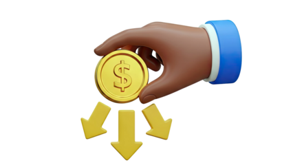 Hand dropping dollar coin with downward arrows