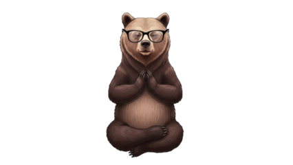Brown Bear Wearing Glasses Meditating in Lotus Pose Illustration isolated PNG with Transparent Background