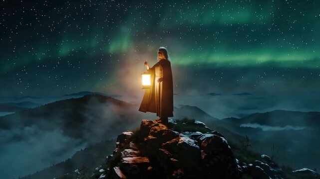 Cinematic 4K video woman standing jagged mountain peak night, glowing lantern swirling mist fog, faint aurora starry sky wind moving cloak hair, warm lantern light her face, cold blue ambient lighting