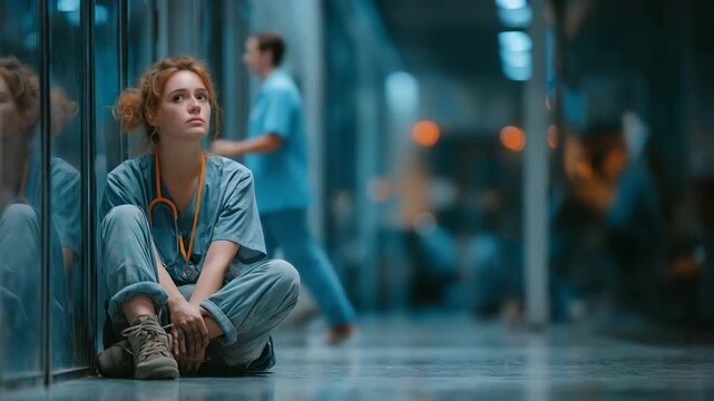 The medical nurse is sitting in the hospital hallway, grieving and frustrated at the patient's condition and failure.
