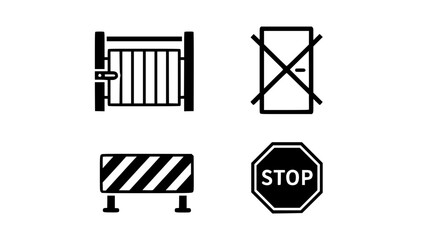 Barrier and safety signs including stop octagon barricade and restricted door symbols for access control