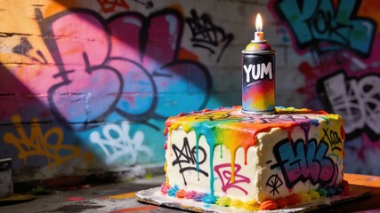 Obraz premium Graffiti Art Themed Birthday Cake with Spray Paint Can Candle on Urban Wall