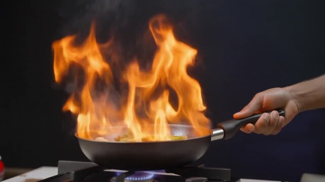 Chef flambes vegetables in a frying pan with intense flames
