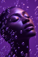 Beautiful beauty diverse black woman using hydrating facial serum molecules bubbles flying around as skincare routine. Cosmetic product photography against purple background.