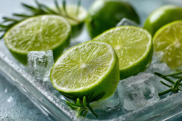 Fresh sliced limes and rosemary sprigs on ice in a glass dish for refreshing infused water