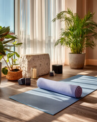 Sunlit minimalist yoga corner with mat, blocks, and strap for stretching and relaxation