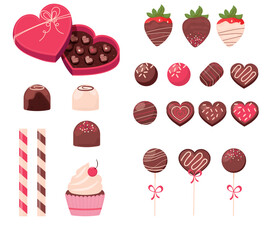 Valentine&rsquo;s Day Chocolate Sweets Vector Set with Candy, Strawberries and Gift Box