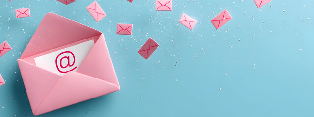 Pink envelope with a floating email symbol, representing a digital message sent through the mail, on a blue background with small floating envelopes
