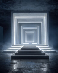 Fototapeta premium Futuristic vertical display with concentric pedestal frames and layered glowing light platform