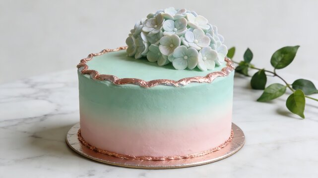 Mint Green and Pink Ombre Cake with Hydrangea Topper and Copper Leaf